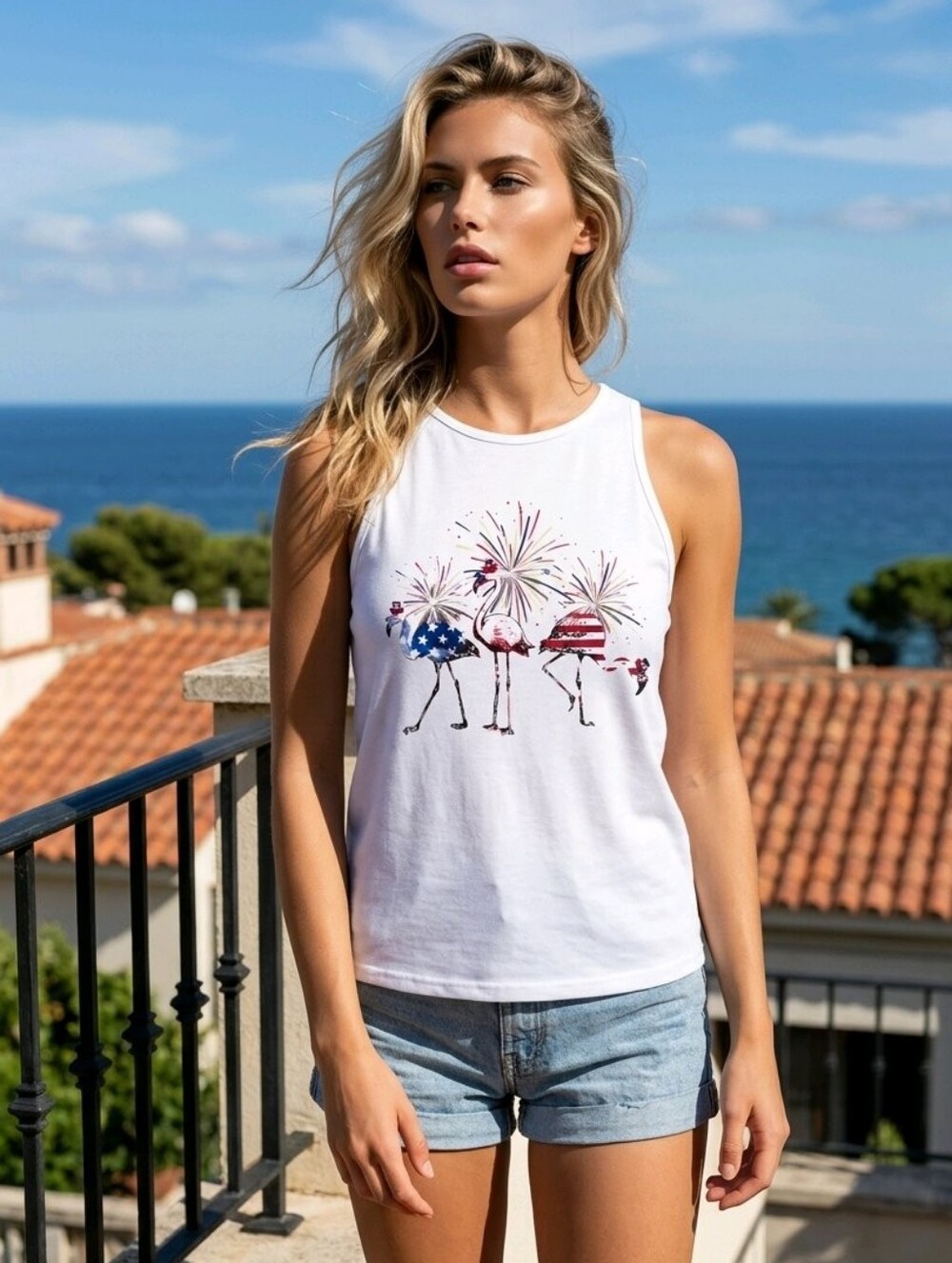 Patriotic 'Flamingos' Sleeveless Top To BUNDLE wth Hooded Zip Jacket